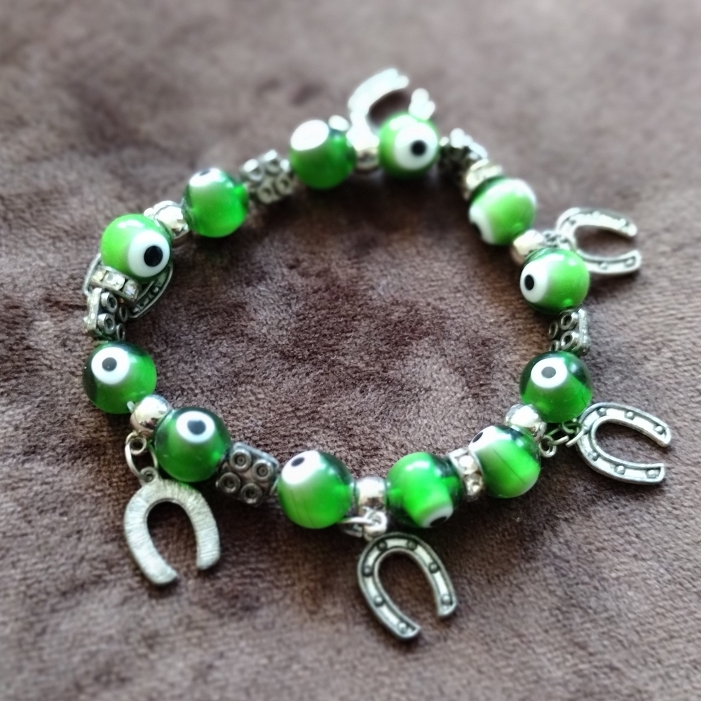 4/$20 Green Evil Eyes Beaded Stretch Bracelet with Horseshoe Charms